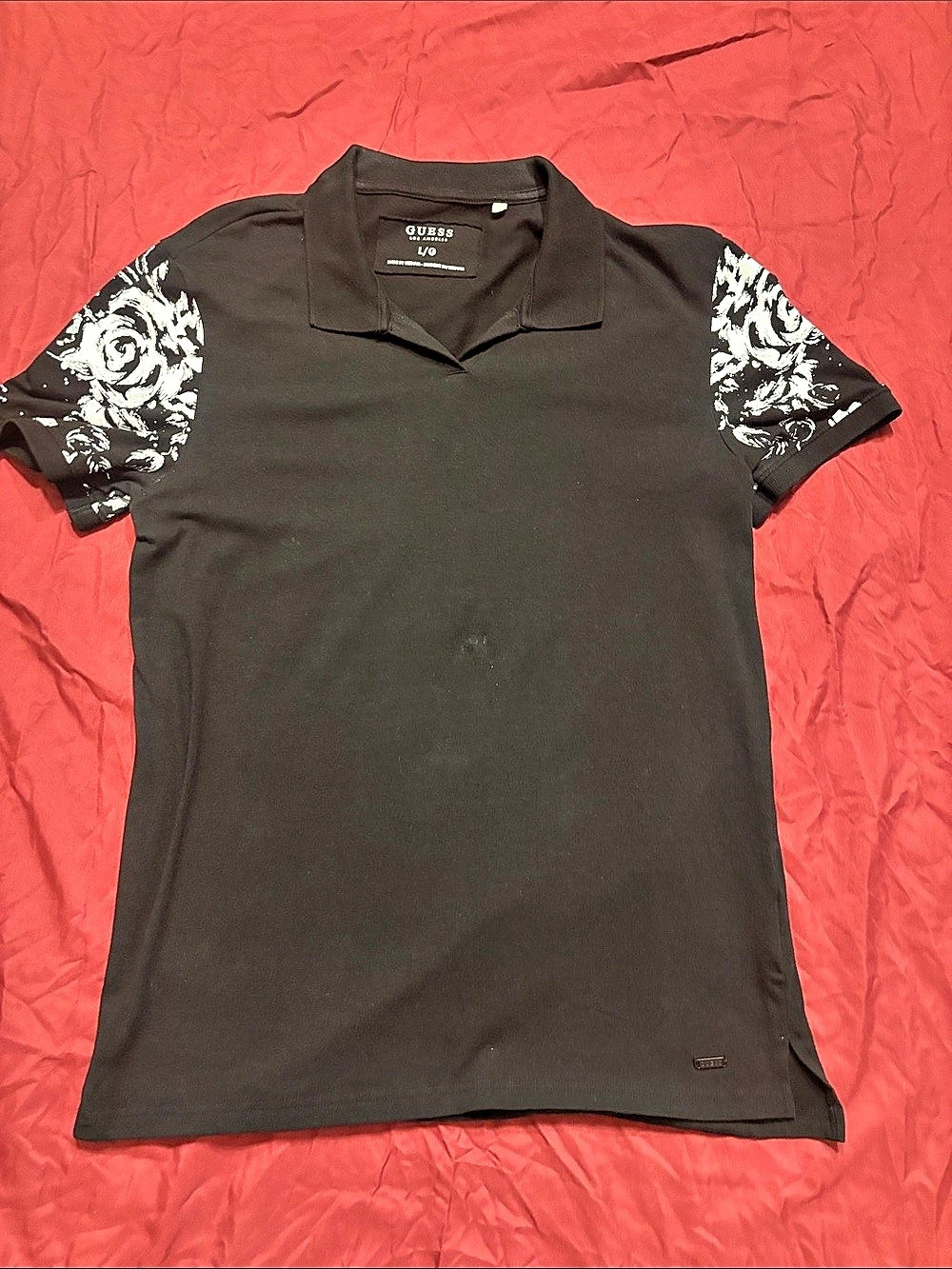 GUESS Floral Polo Shirt in Black & White Size Large